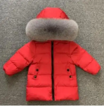 red grey fox fur Г. Зимняя Детская короткая куртка зимняя одежда на белом утином пуху для мальчиков толстый очень большой пуховик с воротником из лисьего меха для девочек, одежда - Цвет: red grey fox fur