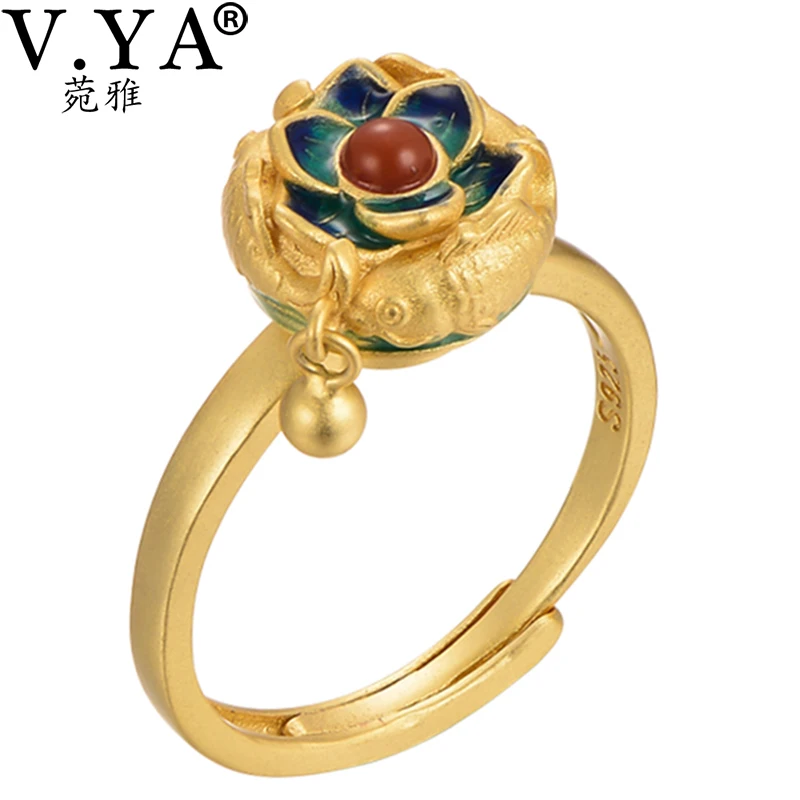 

V.YA South Red Lotus 925 Thai Silver Cloisonne Open Rings For Women Retro Style Lady Prevent Allergy Sterling Silver Jewelry