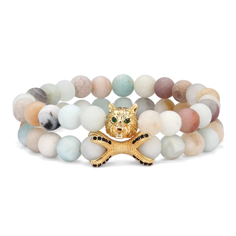 2 pieces / set of new fashion Cz wolf head men's bracelet charm natural stone beaded cuff jewelry gift | Украшения и
