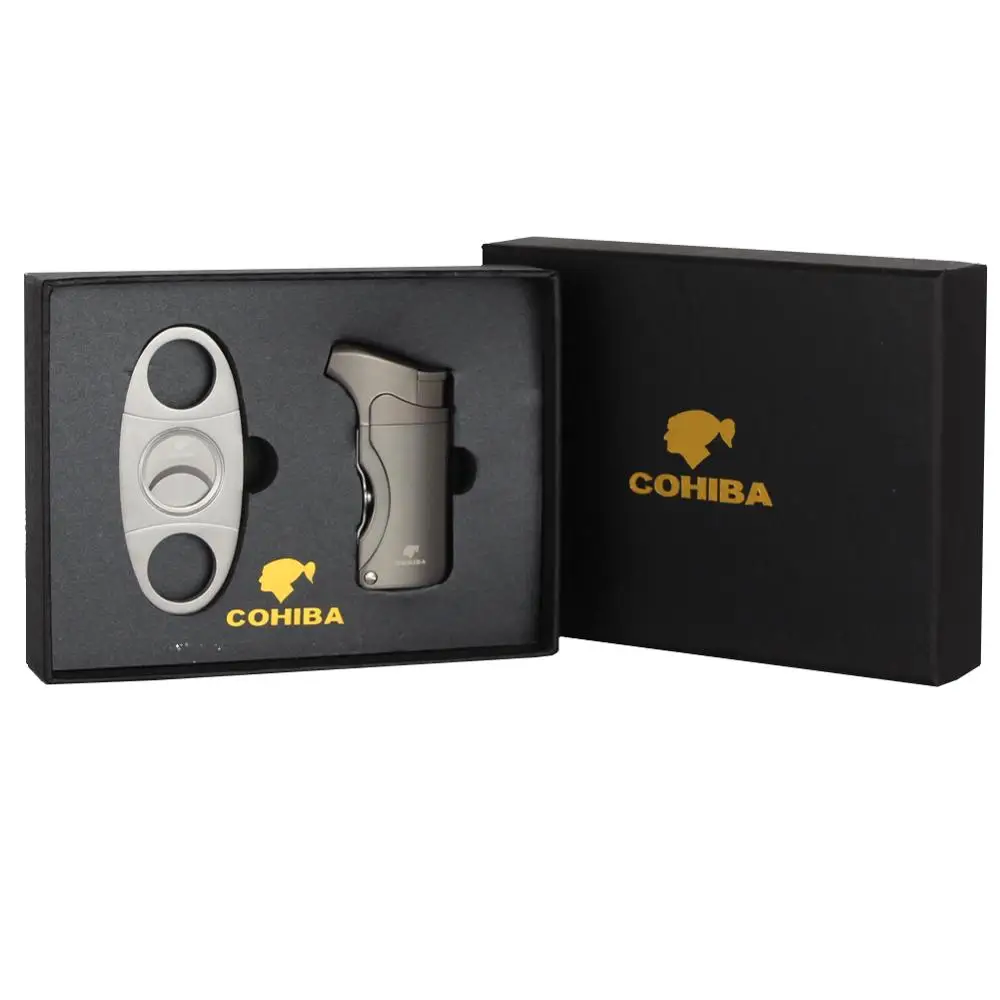 

COHIBA Cigar Lighter Cutter Accessories Set Gas Lighters Sharp cigar Cutter Set with Gift Box