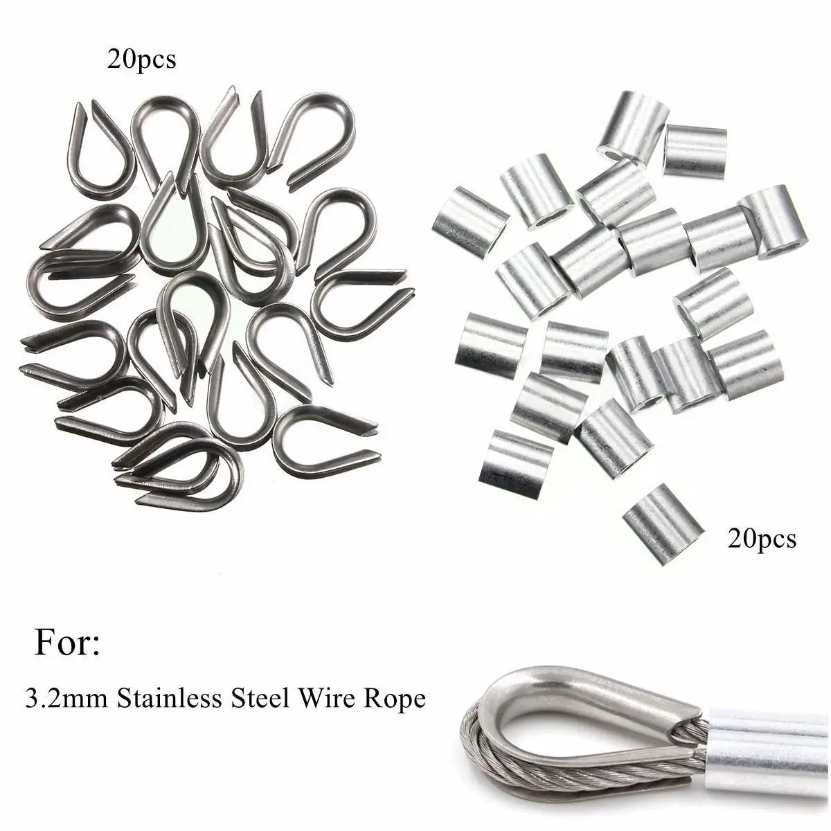 

20 Pack of 3.0mm Standard Thimbles & Ferrules For 1/8" 3.2mm Wire Rope Cable