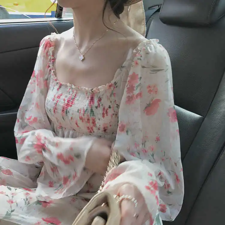

Brand Summer Dress Square Neck Long Sleeve Floral Dress Cute Lolita Style Chiffon Midi Dress Sweet Girls Dress Vestidos