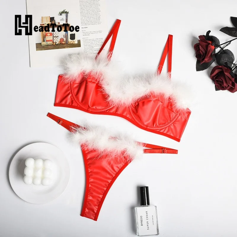 

Christmas Party Fuzzy Detail Sexy Sweetheart Neck Bra Lingerie Set