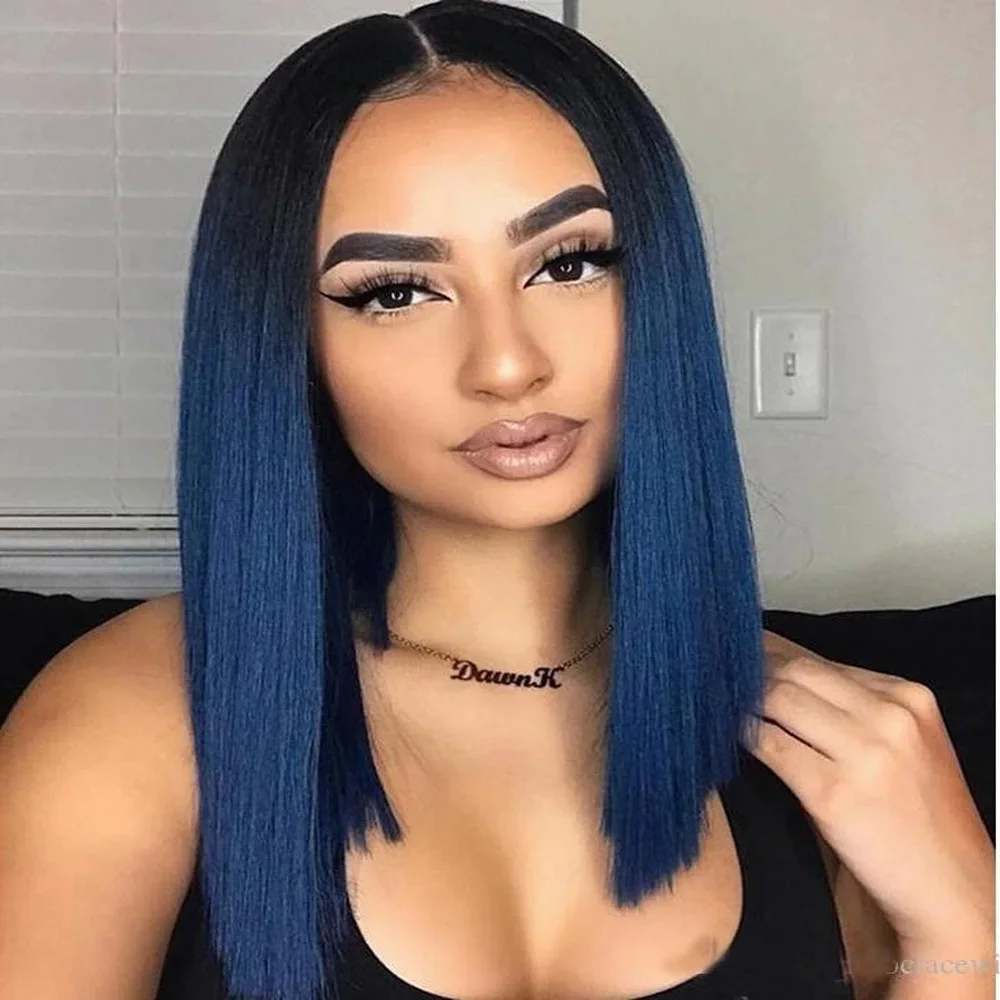 Цветной парик из человеческих волос на сетке спереди с эффектом омбре синие