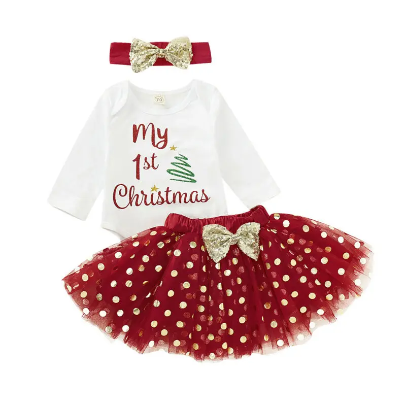 

Toddler Girl Clothes My 1st Christmas Infant Baby Girl Bodysuit+Tutu Skirt+Headband 3pcs Outfits Clothes Size 0-18M