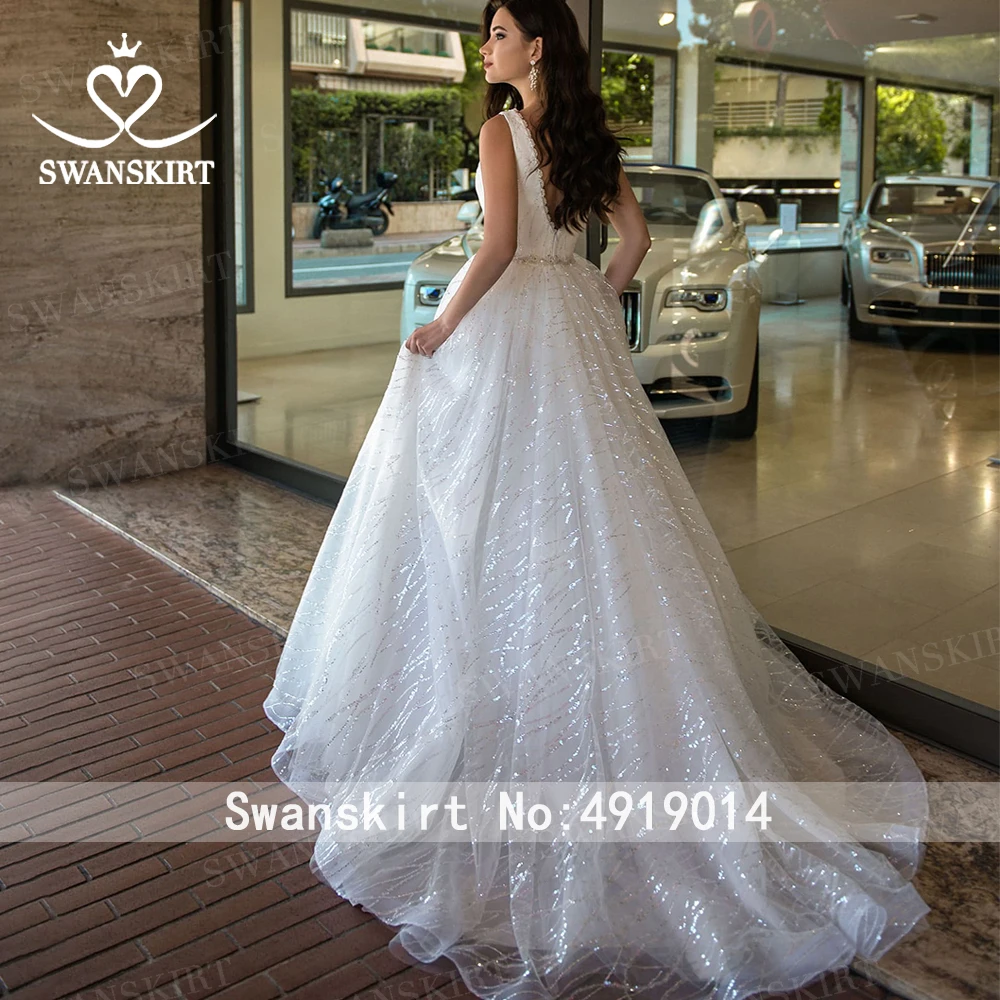 Потрясающее Свадебное Платье трапециевидной формы с бусинами Swanskirt AW05 Атласное