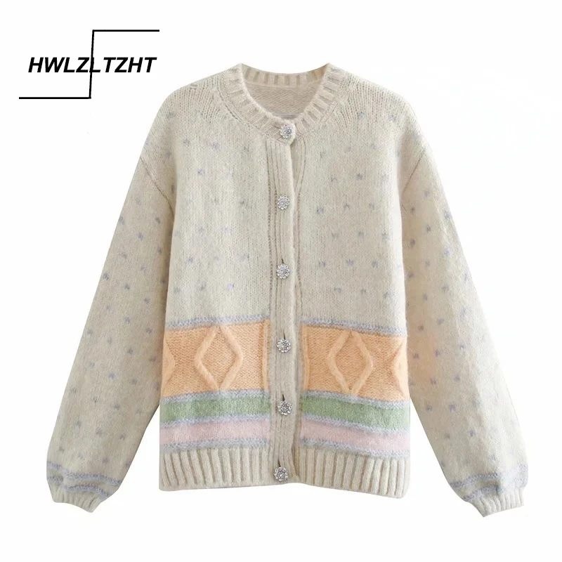 

HWLZLTZHT Women Jewel Button Striped Knitted Cardigan 2021 Long Sleeve Vintage Loose Sweater Female Chic Ribbed Knittd Top