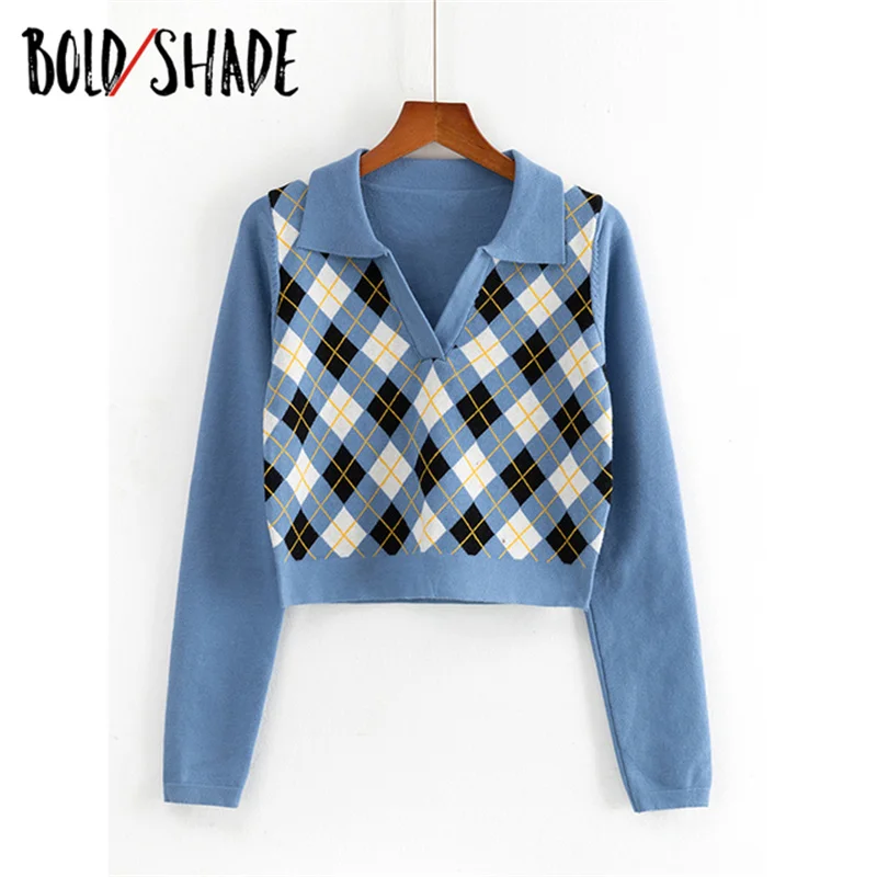 

Fashion Casual Women's Sweater Argyle Print Long Sleeve Crop Tops Turn-down Collar Adults Preppy Korean Style Pullovers