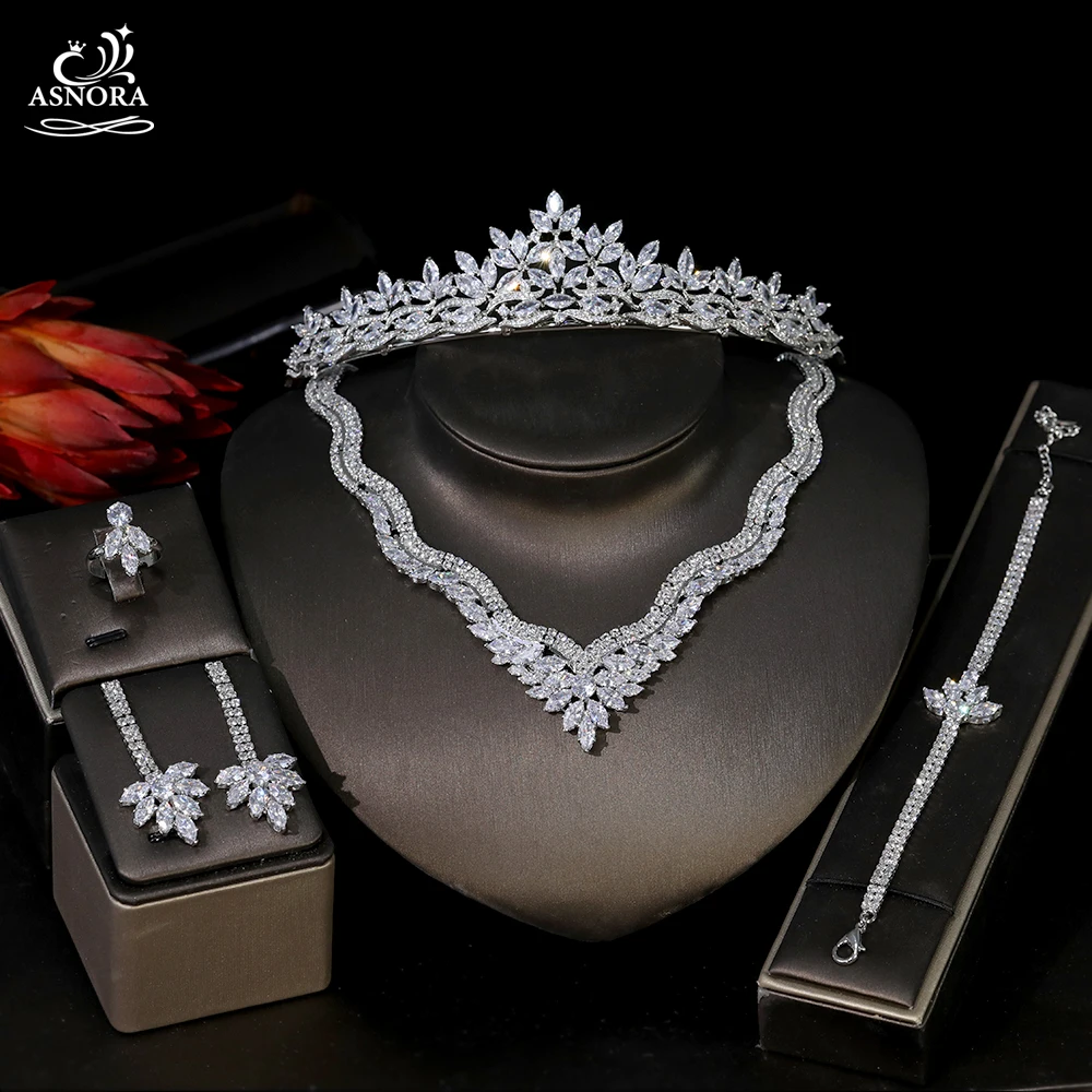 

Комплект из колье и короны с цирконием ASNORA, комплект из 5 предметов, для невесты в нигерийском стиле, женский Ювелирный Комплект