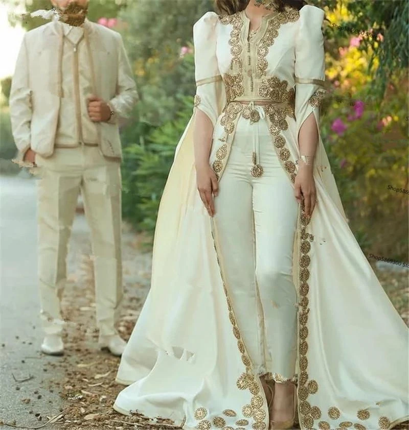 Vintage Moroccan Kaftan Formal Evening Dress Ivory Pants Suit Dresses With Gold Appliques Arabic Dubai Bride Reception Gown Prom