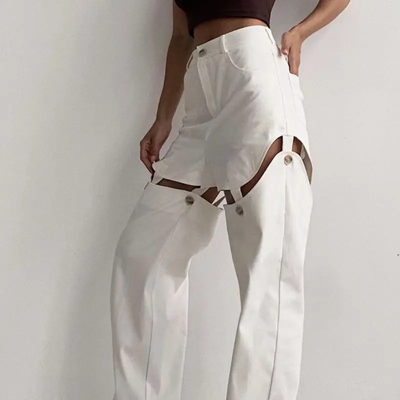 

Autumn 2020 new women's wear featured button hollowed-out detachable loose straight pants casual pants