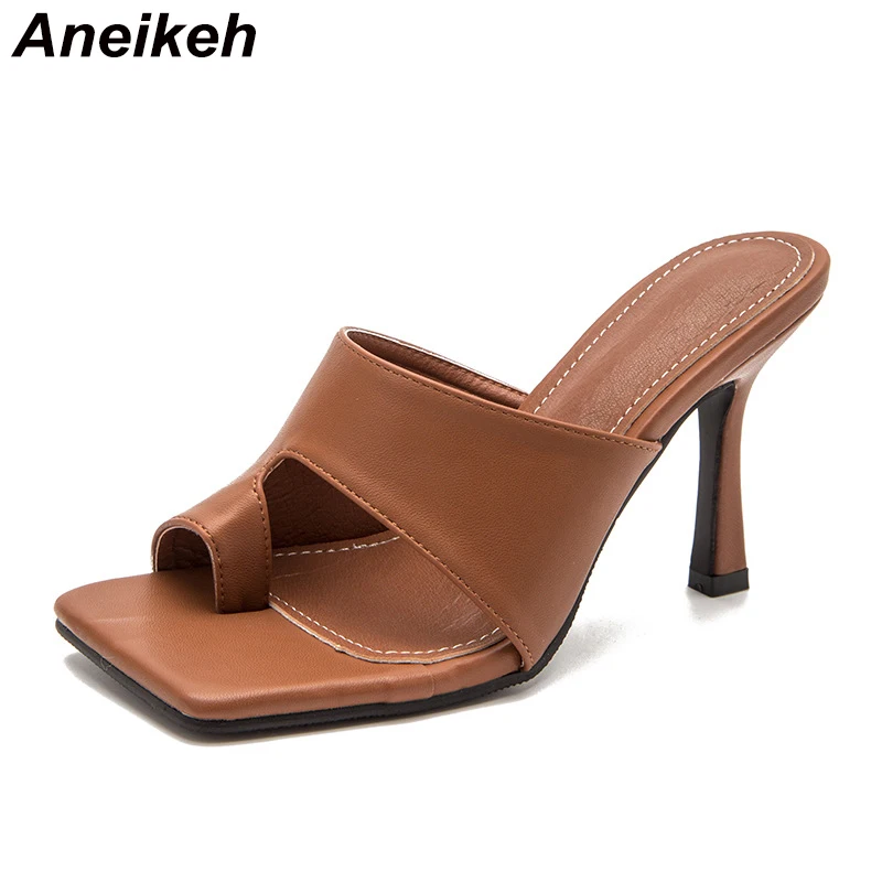 

Aneikeh 2023 Fashion Women Shoes Summer Solid PU Slides Shallow Outside Concise Stiletto Heels Square Toe Brown Size 36-42
