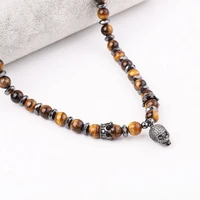 high quality new design 24inches natural stone brown tiger eye beads cz skull charm pendant necklace for men