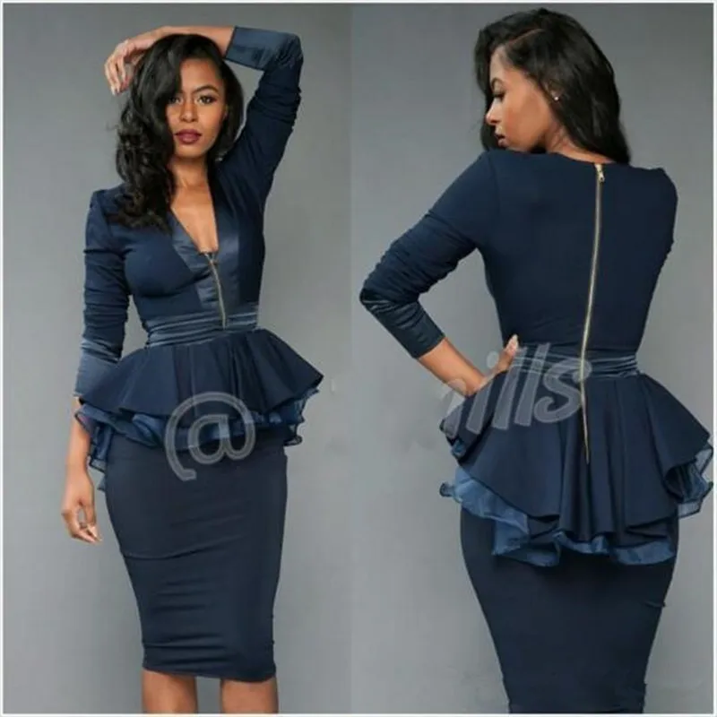 

2020 Sheath Knee Length Cocktail Dresses Peplum Ruffles V Neck Zipper Long Sleeves Navy Blue Prom party Gowns