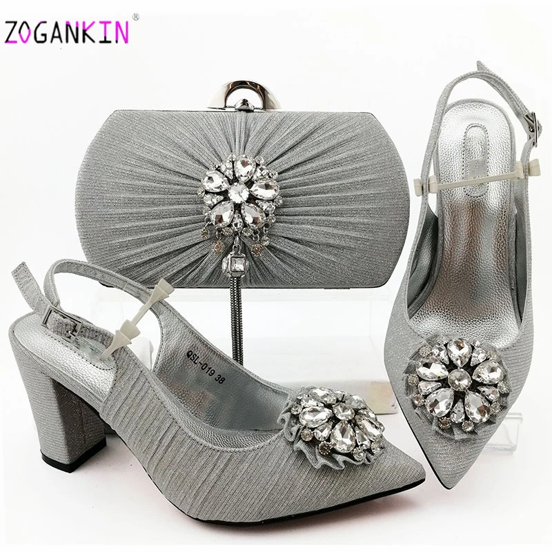 Latest Fashion Crystal Silver Color Pointed Toe Sandals And Bag Set African Style Woman Shoes Matching Purse | Обувь