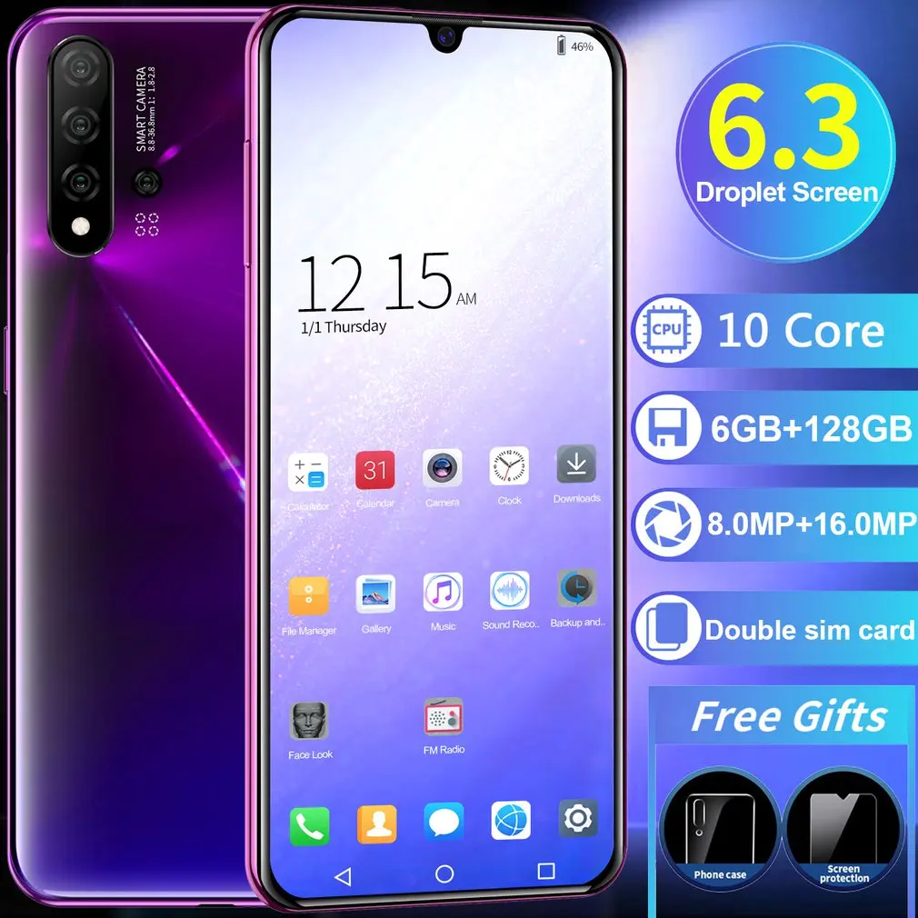 

Smartphones 6.3inch N5 Pro 1G+16G Dual Sim Card 16MP Face Unlocking Wifi GPS Andriond 4G LTE CellPhone 4800Mh