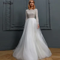 verngo 2021 vintage shiny long sleeves wedding dress a line jewel neck tulle skirt beads sash bridal gowns with buttons back