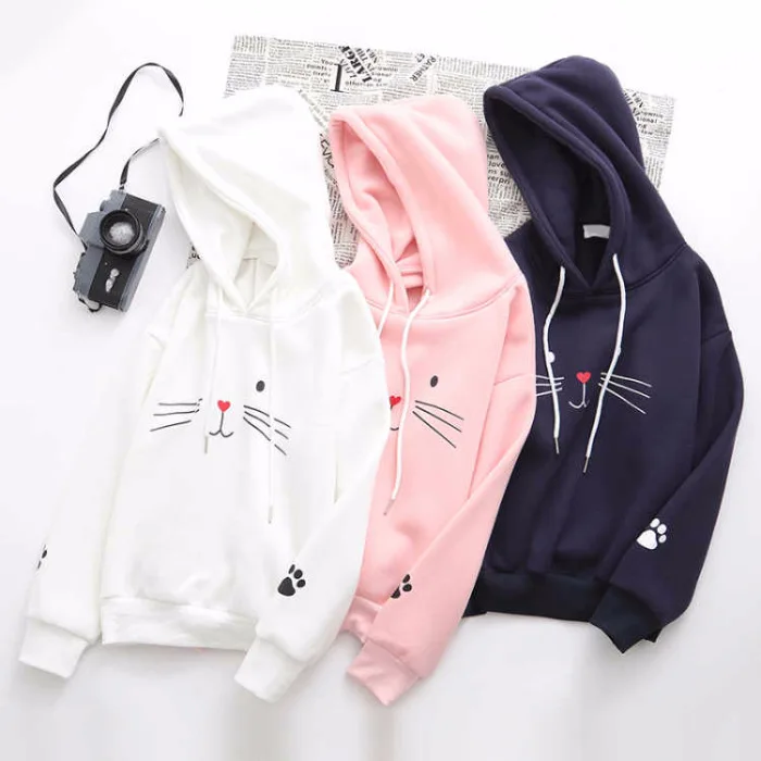 

Fleece Sweatshirt Women's Embroidered Loose Pullover Cat Face Hooded Sweatshirts Girl's Pink Tops Casual Street Clothes