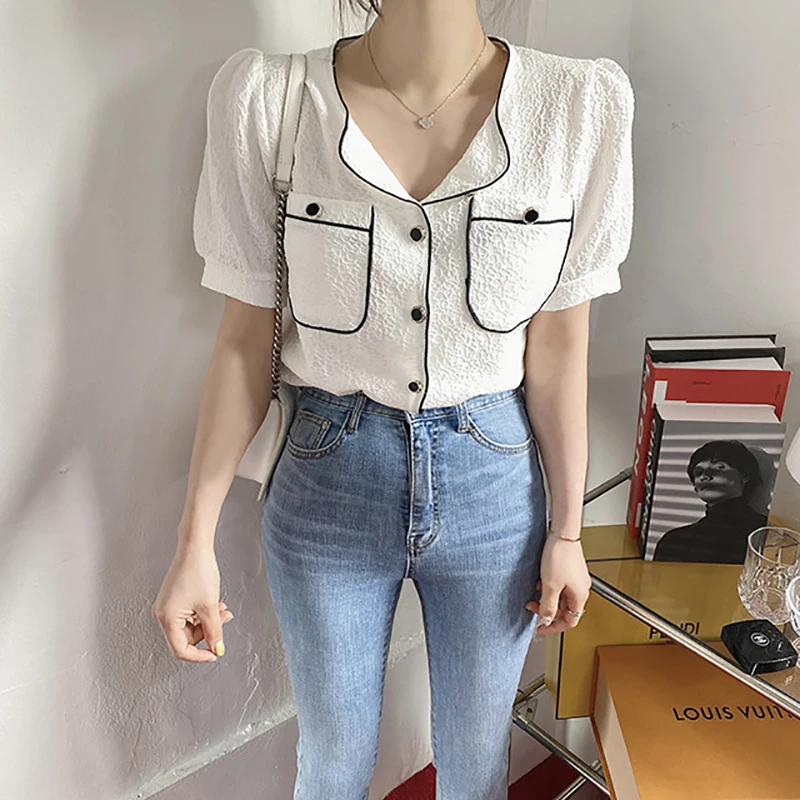 

SHENGPALAE Contrast Color Pocket Blouse Women's Summer 2021 New Round Neck Single Breasted Puff Short Sleeve Shirt Female Tide