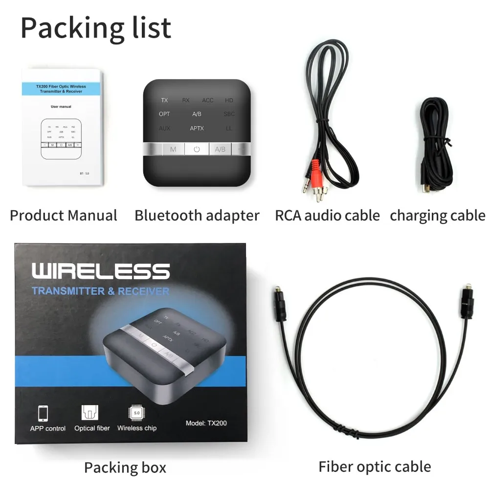 

2 in 1 Bluetooth 5.0 RCA Receiver Transmitter 3.5mm Jack Aux Optical Fiber BT CSR8675 Audio Adapter Support APP Control