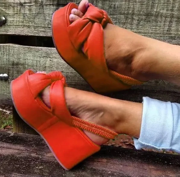 

Bow Tied Leisure Platform Sandals 2021 Summer Streetwear Thick Bottom Wedges High Heels Sandals Women Shoes Mules Flip Flops