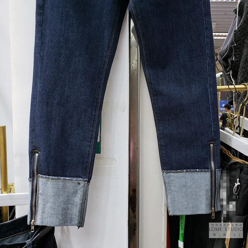

Korean high waist modis patchwork elastic straight jeans for women 2020 autumn new arrival denim Ankle-Length pants