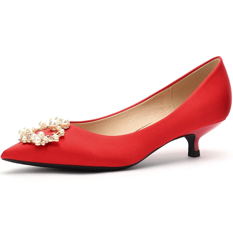 Women Wedding Shoes High Heels Shoes Woman Bride Silk String Bead Thin High Heels Pint Toe Slip On Elegant Crystal Red Pumps