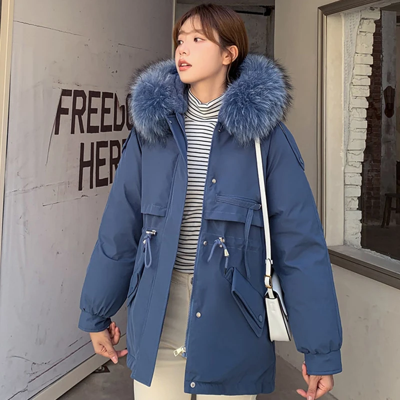 

Куртка женская зимняя на шерстяной подкладке, с толстым меховым воротником, из хлопка, теплая, на молнии, однотонная, стеганая куртка с капюш...