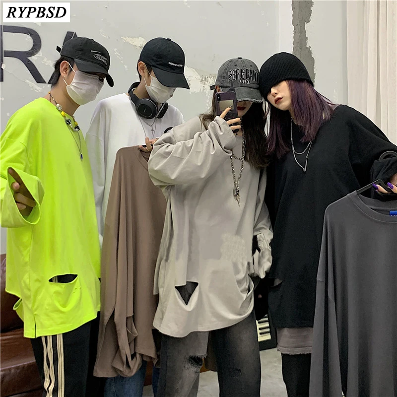 Футболка Sring мужская с дырками рваная Однотонная рубашка в стиле хип-хоп