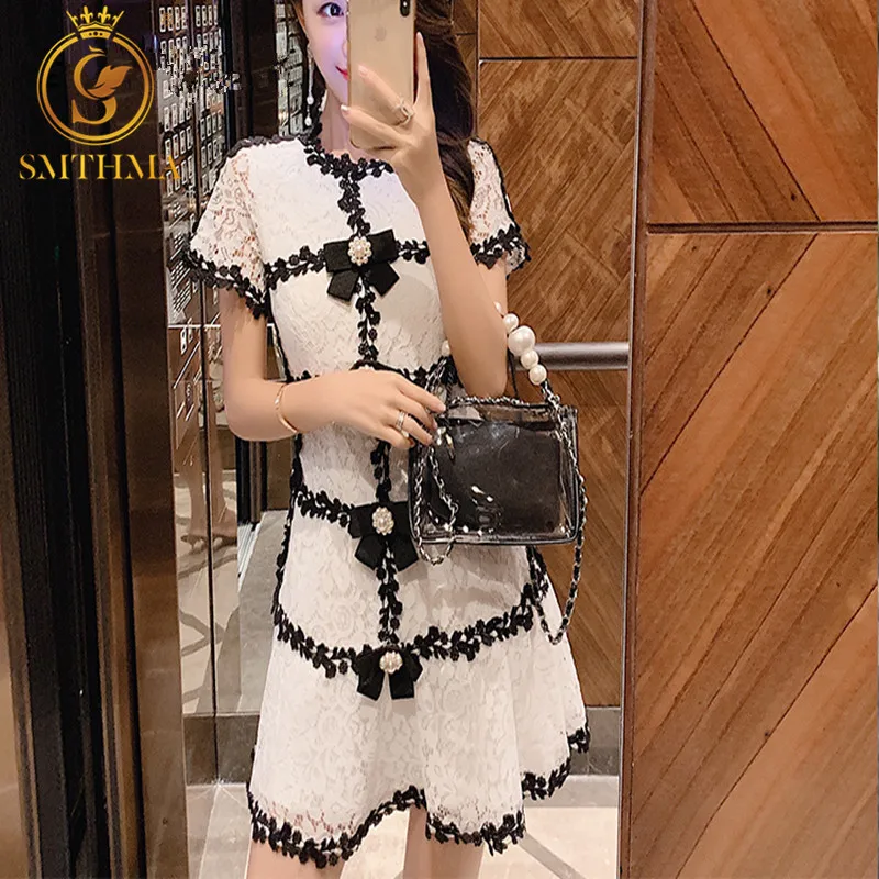 Женское кружевное платье SMTHMA Черное и белое мини с цветочным принтом круглым