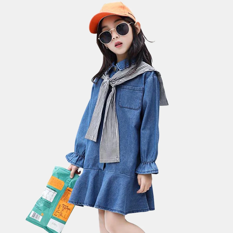 Весеннее платье для девочек джинсовые платья Однотонные Детские Одежда детей 6 8
