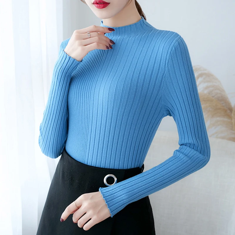 

2021 Stripe Knitted Jumper Autumn Winter Tops Turtleneck Pullovers Casual Sweaters Women Shirt Long Sleeve Slim Sweater Girls