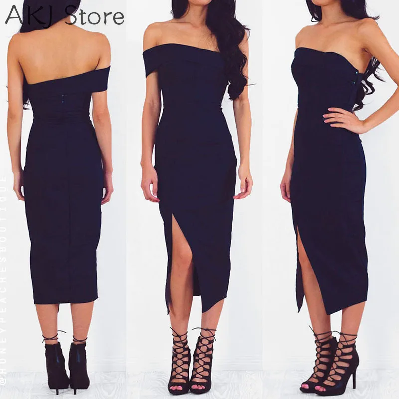 

Women Elegant Off Shoulder High Slit Design Wrap Midi Dress