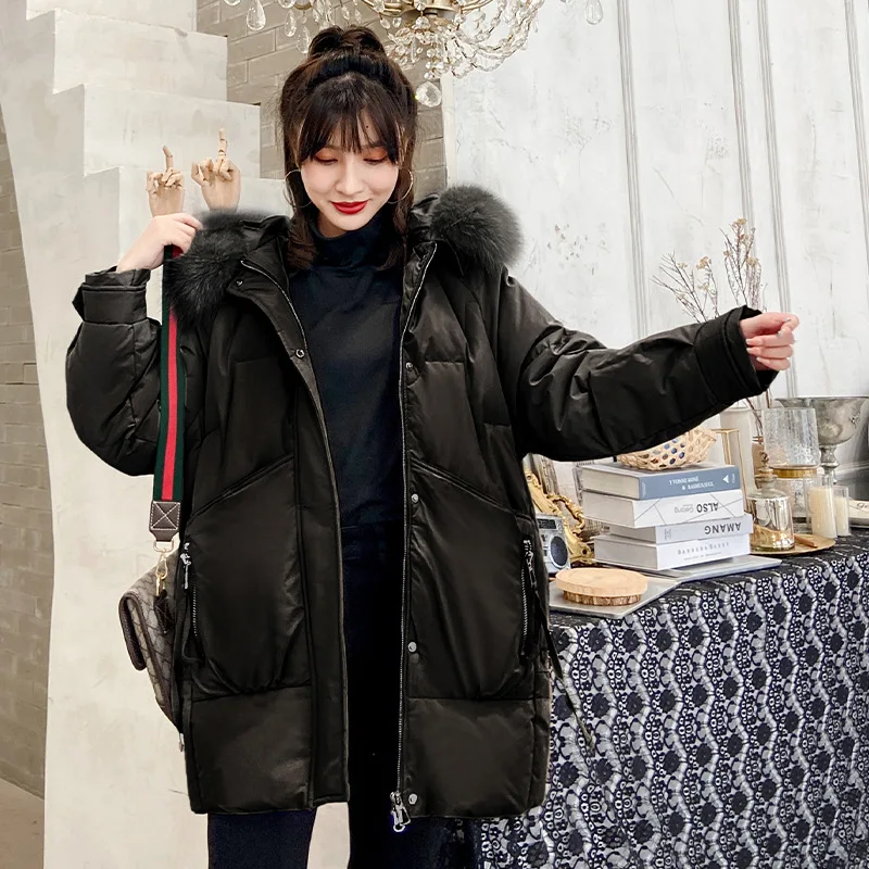 

Женский пуховик средней длины, стильный Зимний пуховик с большим меховым воротником и большими карманами на белом утином пуху, 2021