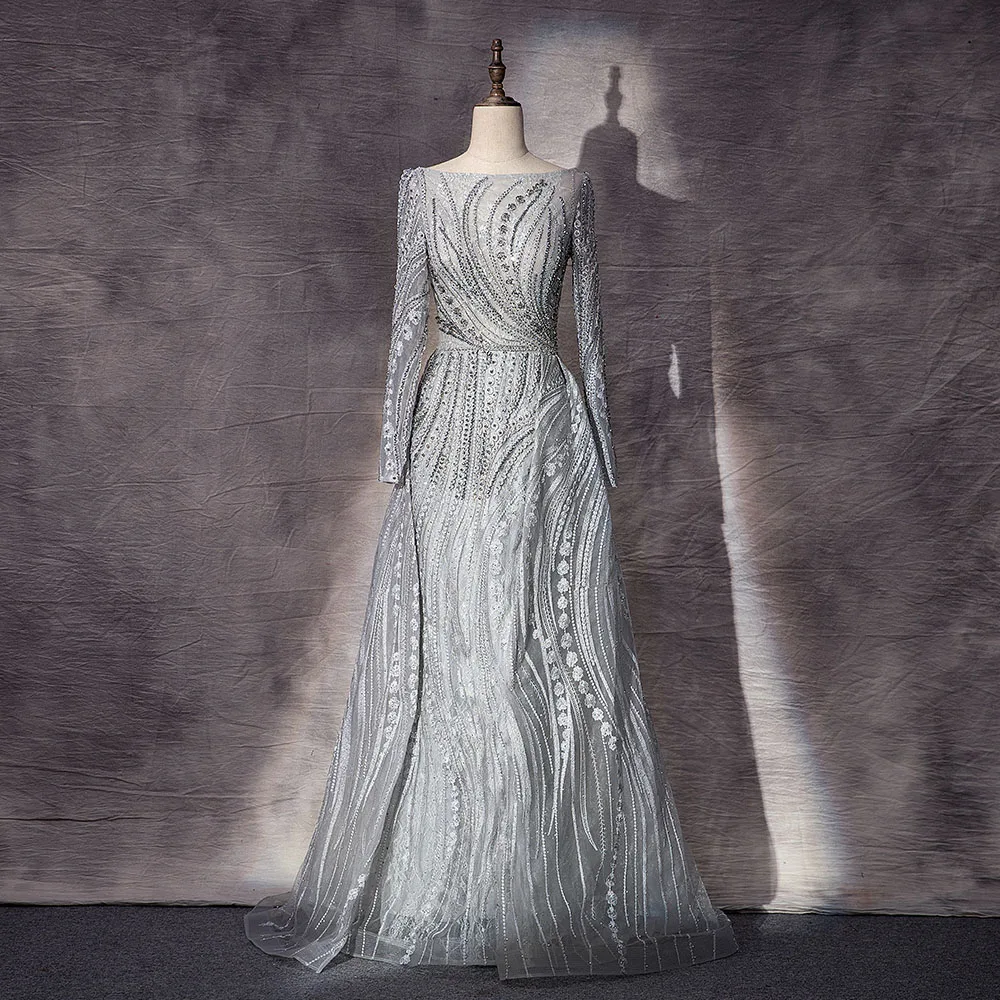 Женское вечернее платье YQLNNE серое кружевное мусульманское с вышивкой и длинным