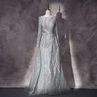 Женское вечернее платье YQLNNE, серое кружевное мусульманское платье с вышивкой и длинным рукавом, с вырезом лодочкой и кристаллами, официальное с силуэтом 