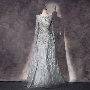 Женское вечернее платье YQLNNE, серое кружевное мусульманское платье с вышивкой и длинным рукавом, с вырезом лодочкой и кристаллами, официальное с силуэтом 