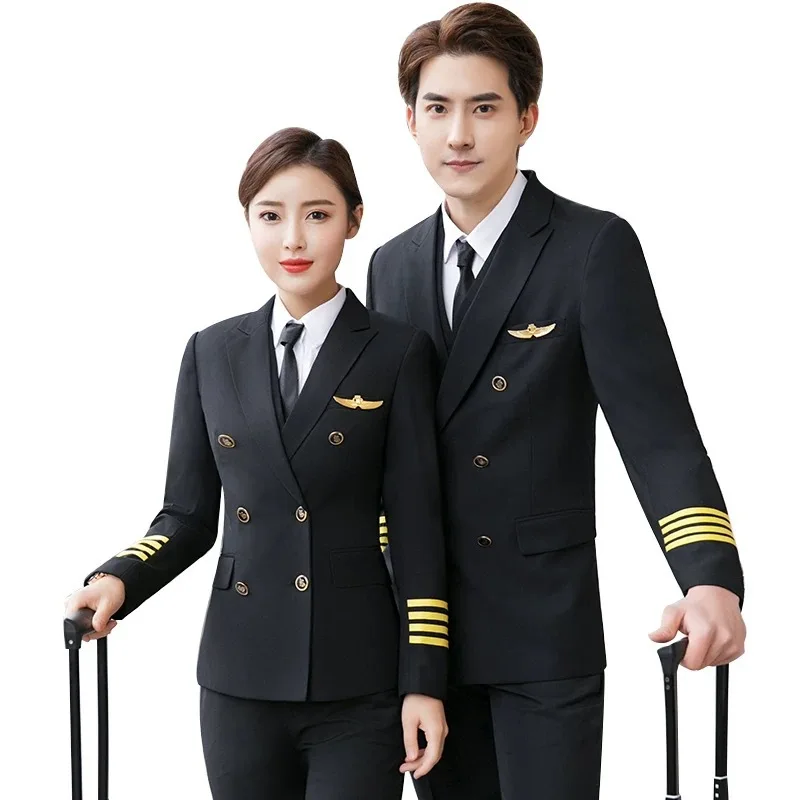 

Униформа с длинным рукавом для мужчин и женщин, двубортная высокоскоростная Униформа пилота со шлейфом, пальто, рубашка, жилет, брюки, костю...