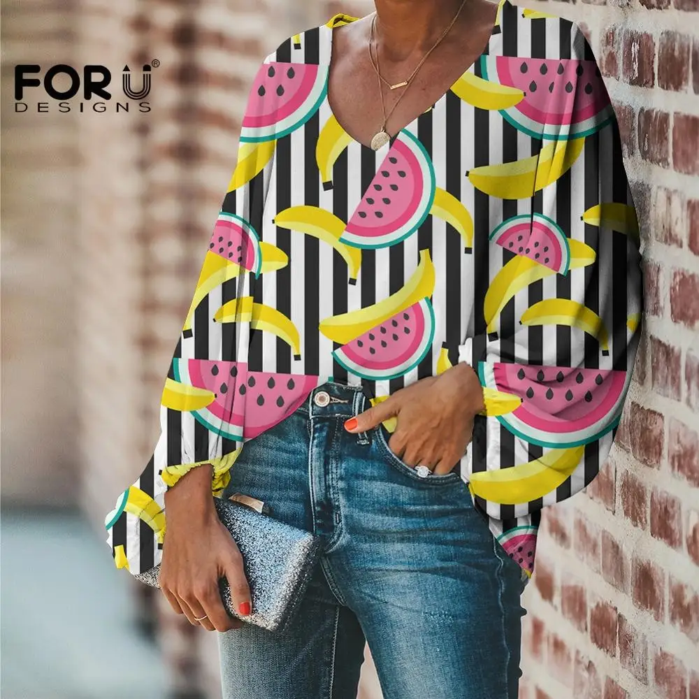 

FORUDESIGNS Black Striped Blouse Pineapple Tropical Fruit Print Shirts For Women Long-sleeved Polyester Blouses Cute V Neck Tops