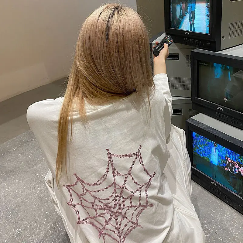 

Hoodies Women Hot drilling letter Spider Web Oversize Y2K Pullovers Korean Fashion Punk Style Hoodie Hip Hop Sweatshirts