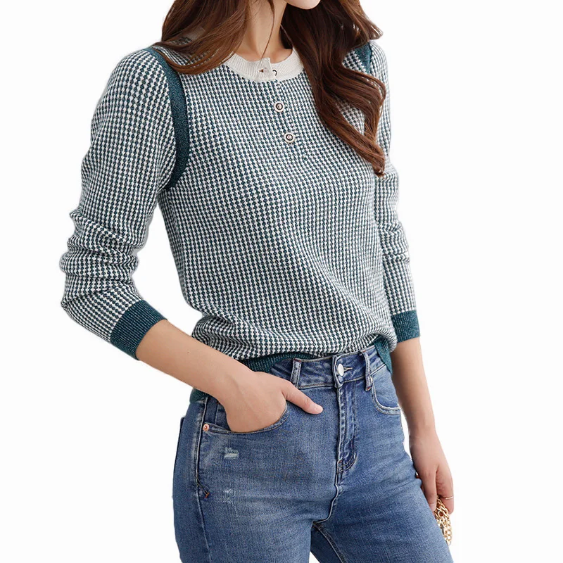 

Sparkle Textured Henley Sweater Women Geometry Vintage Glittering Knitted Top
