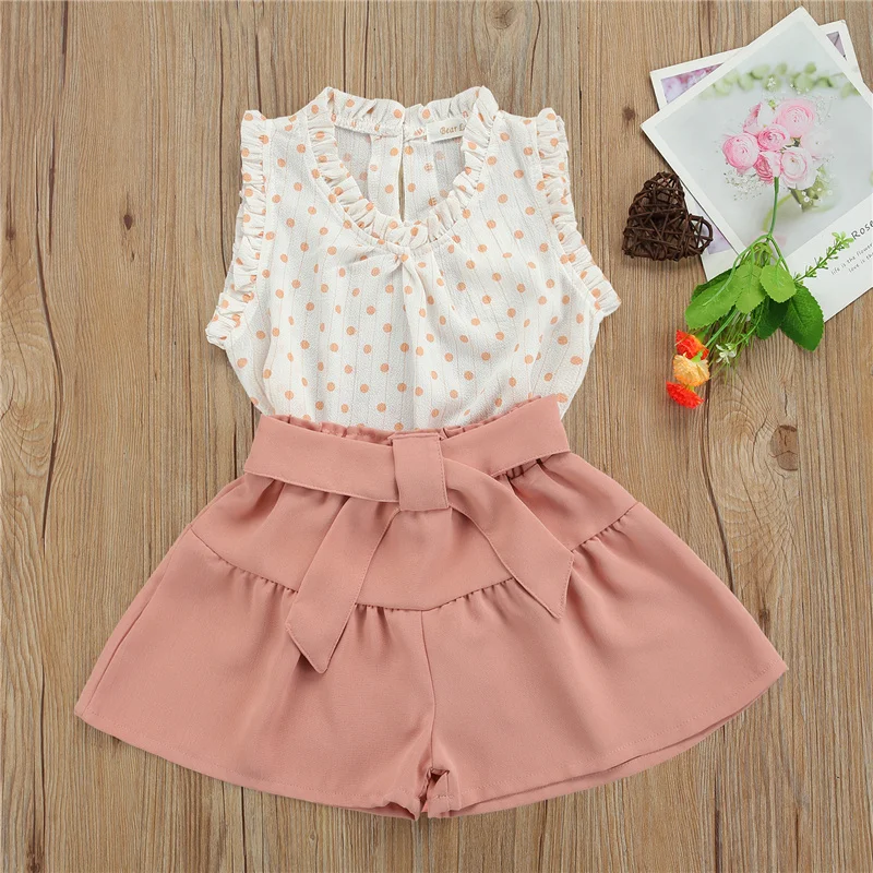 

Baby Girls 2Pcs Summer Outfits, Polka Dots Print Ruffle Sleeveless Tops + Belted Cool and Comfortable Shorts Set