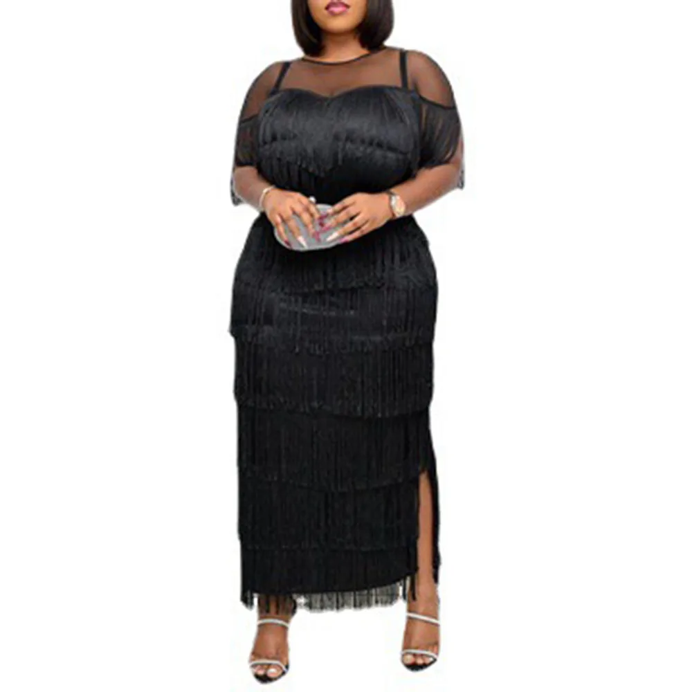 

2021 New Europe America Women's High Waist Solid Color Temperament Commute Perspective Sexy Tassel Dress Round Neck Casual