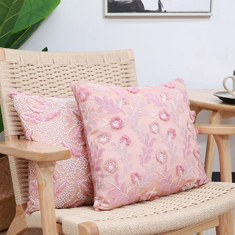 

Pink 3D Flower Cushion Cover Hollow Embroidery Leaf Pattern Pillow Tufted Sofa Cover 45x45cm Home Decoration Pillowcse