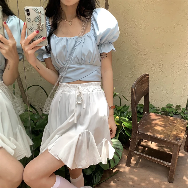 

Irregular Ruffles White High Waist Pleated Skirt Women's 2021 Summer Fashion Mini Skirt and Puffs Sleeve Shirt Y2k Streetwear