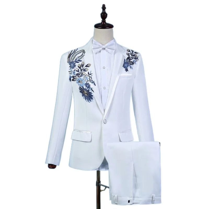 

2021 new slim stage performance man adult suit suit singer club host chorus embroidered flower dress/ ensemble costume homme