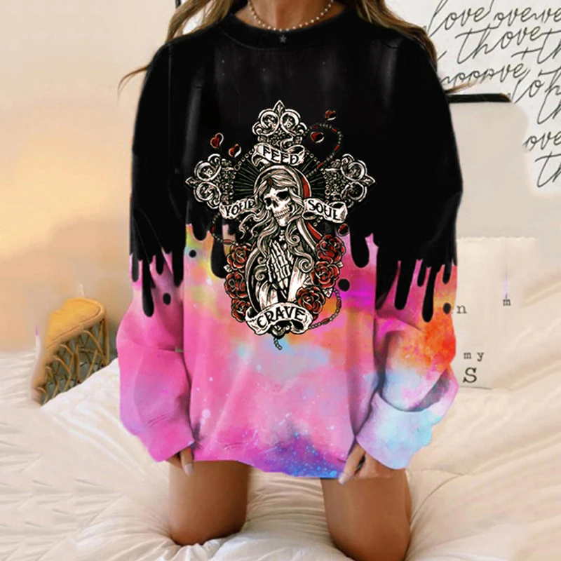 

Изысканный с принтом «череп», свободная толстовка с круглым вырезом на шее женское платье с длинным рукавом на каждый день в готическом сти...