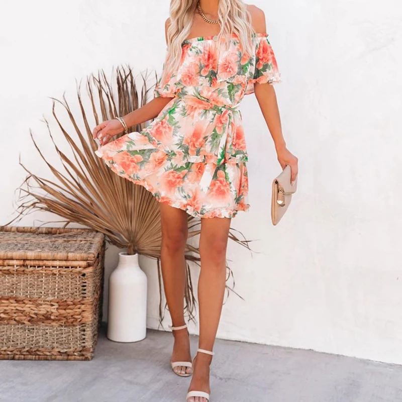 

Summer Off the Shoulder Floral Print Dress 2021 Women Short Sleeve Slash Neck A-Line Sexy Casual Dresses Party Female Vestidos