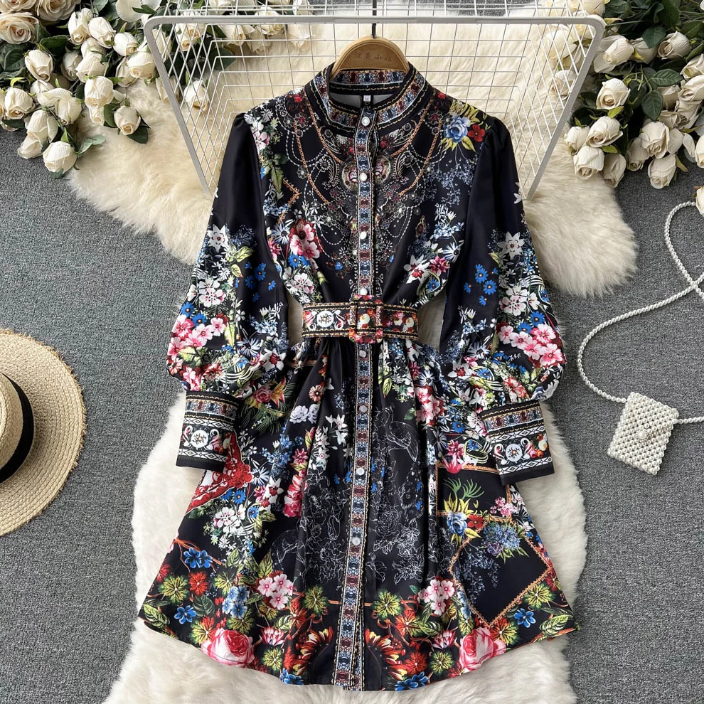 

2022 Women's Office Lady Puff Sleeve Dresses Casual Y2K Autumn Vintage Floral Printed OL Vestidos Spring Stand Party Dress D723
