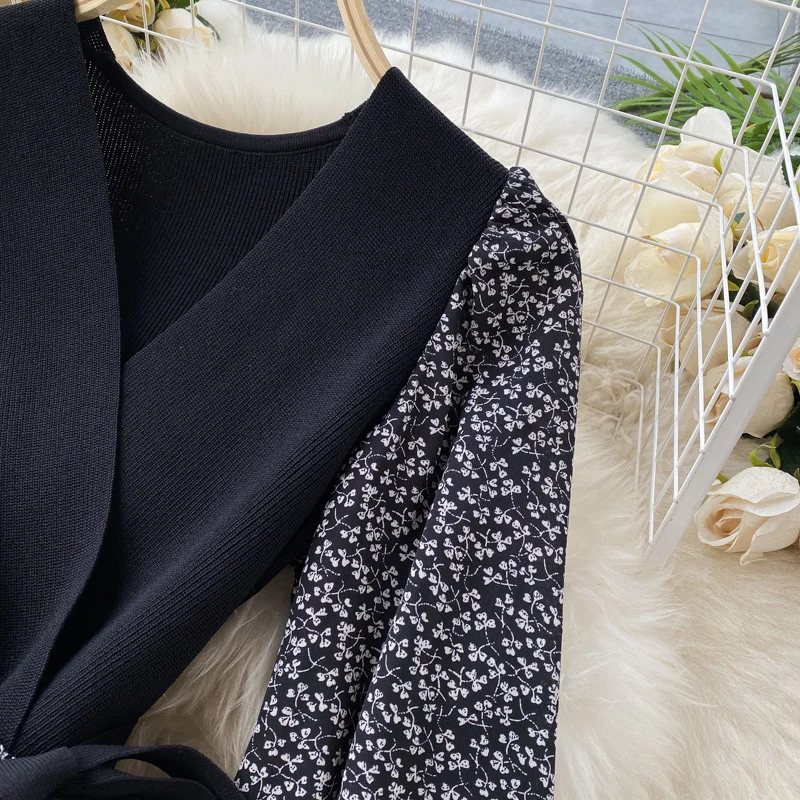 

Korean Dress Women Patchwork Knitted Bandage Dresses Vestidos 2020 New Autumn Winter Vintage Floral Printed Elegant Midi Dress